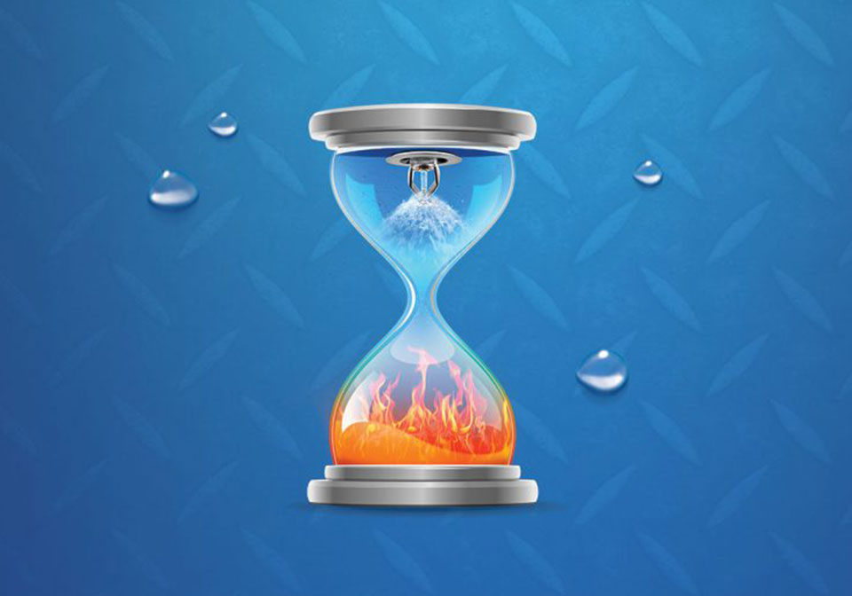 Hourglass with a sprinkler in the top and fire in the bottom.