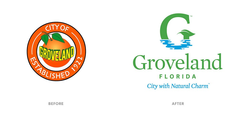 City of Groveland before and after logos. City of Groveland Established 1922 and Groveland Florida City with Natural Charm.