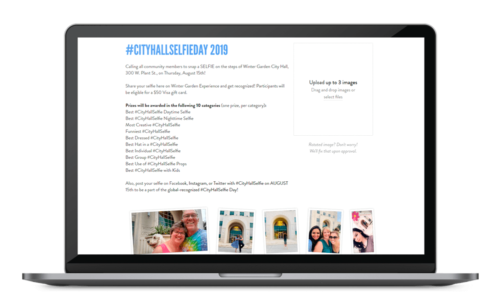 #CityHallSelfieDay page on a Mac mockup featuring a file upload drag and drop, rules, and images that have been sent in.